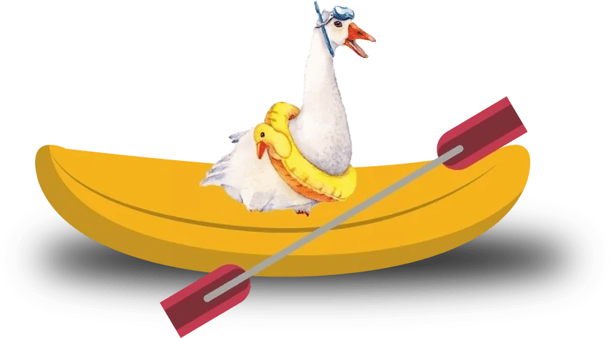 A duck in a boat with two oars on it.