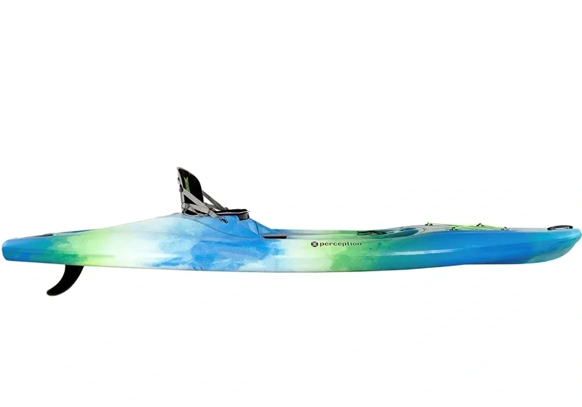 A blue and green surfboard with a shark on it.